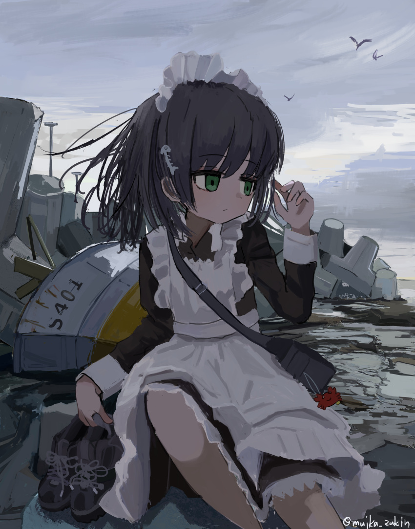 1girl absurdres apron bag black_footwear black_hair boat cloud cloudy_sky fish_skeleton_hair_ornament green_eyes highres long_sleeves maid maid_apron maid_headdress muika_zukin nature ocean original outdoors ruins scenery ship shoes short_hair sky utility_pole water watercraft