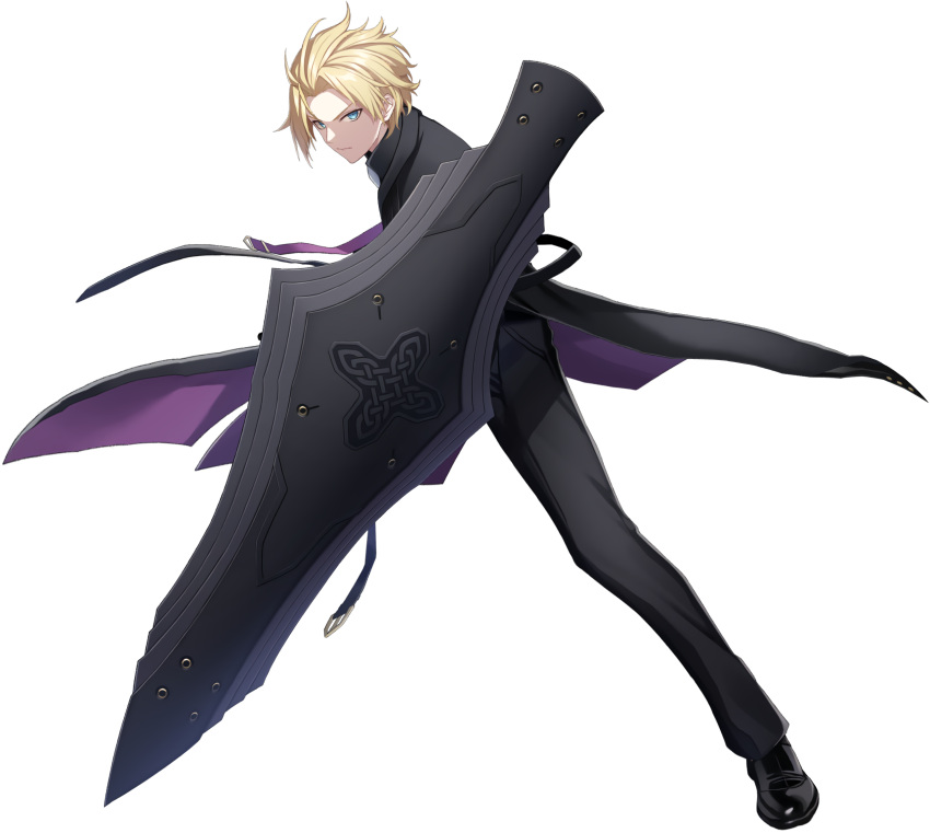 1boy black_pants black_suit blonde_hair blue_eyes coat counter:side fighting_stance full_body highres holding holding_shield looking_at_viewer male_focus official_alternate_costume official_alternate_hairstyle official_art pants roy_burnett shield short_hair simple_background suit tachi-e transparent_background trench_coat