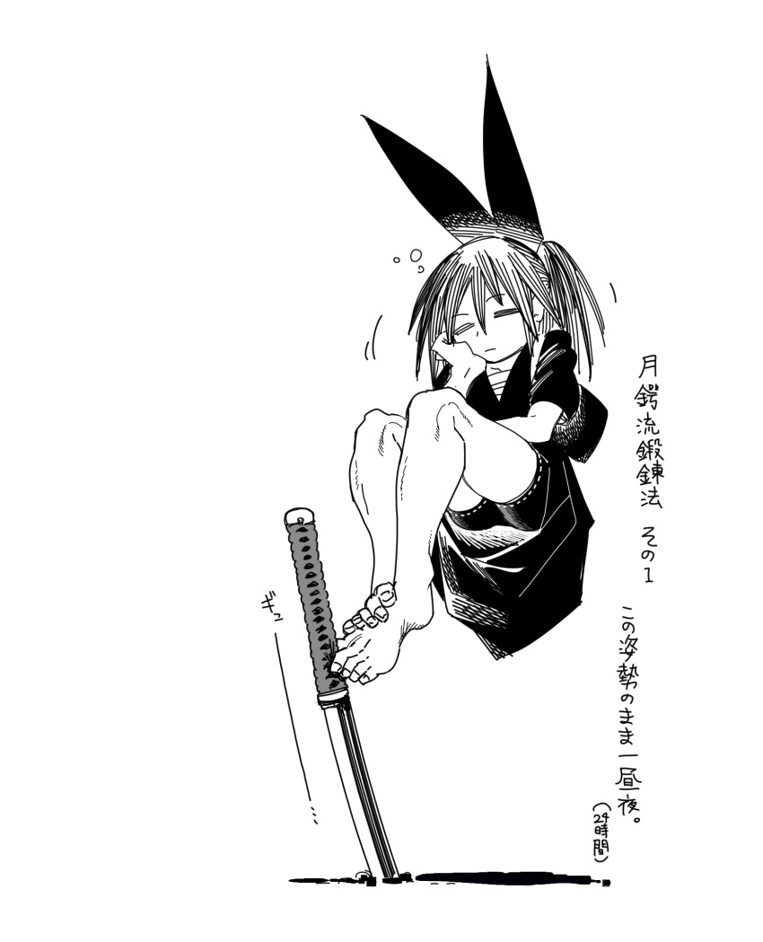 1girl aged_down arch bare_legs barefoot bored bubble chest_sarashi closed_eyes exercise greyscale hair_ribbon hairstyle_request highres holding holding_own_head holding_sword holding_weapon holding_with_feet isekai_samurai katana large_ribbon measurements meditation monochrome motion_lines no_scar numbered official_art ribbon saitou1218 samurai sarashi shadow short_sleeves sleeping solo sword toenails toes translation_request tsukitsuba_ginko weapon white_background