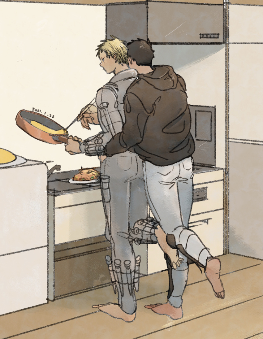 2boys absurdres aikawa_(dorohedoro) colored_tips cooking couple denim dorohedoro facial_mark food from_behind frying_pan full_body greyscale head_on_another's_shoulder highres holding holding_frying_pan hug hug_from_behind jeans kitchen male_focus medium_sideburns monochrome multicolored_hair multiple_boys nishida_(pixiv_50671594) no_eyebrows omelet pants risu_(dorohedoro) thick_eyebrows yaoi