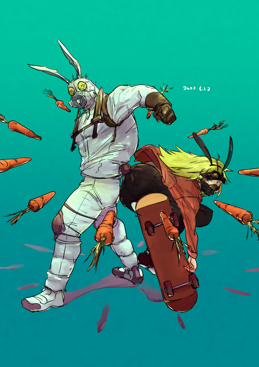 1boy 1girl absurdres animal_ears animal_head ass back-to-back blonde_hair caiman_(dorohedoro) carrot dorohedoro gas_mask highres knee_pads large_pectorals looking_at_viewer male_playboy_bunny mask midair muscular muscular_male nikaidou_(dorohedoro) nishida_(pixiv_50671594) pectorals playboy_bunny rabbit_ears rabbit_tail skateboarding spikes tail thighs