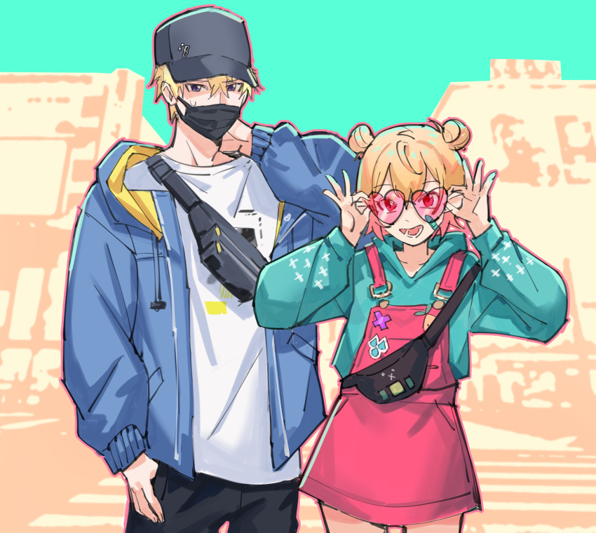 1boy 1girl absurdres bandaid bandaid_on_cheek bandaid_on_face black_headwear black_pants blue_hoodie blue_jacket blue_nails double_bun hair_bun heart heart-shaped_eyewear highres hood hoodie jacket long_sleeves maplesights mask mouth_mask nijisanji nijisanji_en open_clothes open_jacket overall_dress overalls pants pink-tinted_eyewear pink_overalls pomu_rainpuff purple_eyes shirt sonny_brisko sonny_brisko_(1st_costume) sunglasses t-shirt tinted_eyewear virtual_youtuber white_shirt