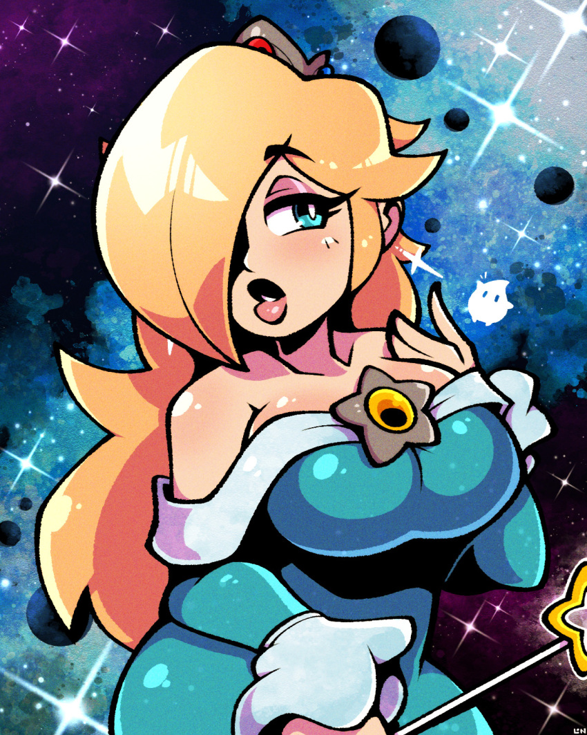 1girl bare_shoulders blonde_hair blue_background blue_eyes breasts brooch collarbone cowboy_shot crown dress eyelashes hair_over_one_eye half-closed_eyes hand_on_own_shoulder head_tilt highres holding holding_wand jewelry large_breasts legendofnerd lips long_hair long_sleeves looking_to_the_side luma_(mario) mario_(series) multicolored_background notice_lines parted_lips pink_lips planet purple_background rosalina solo space star_(symbol) star_brooch star_wand wand