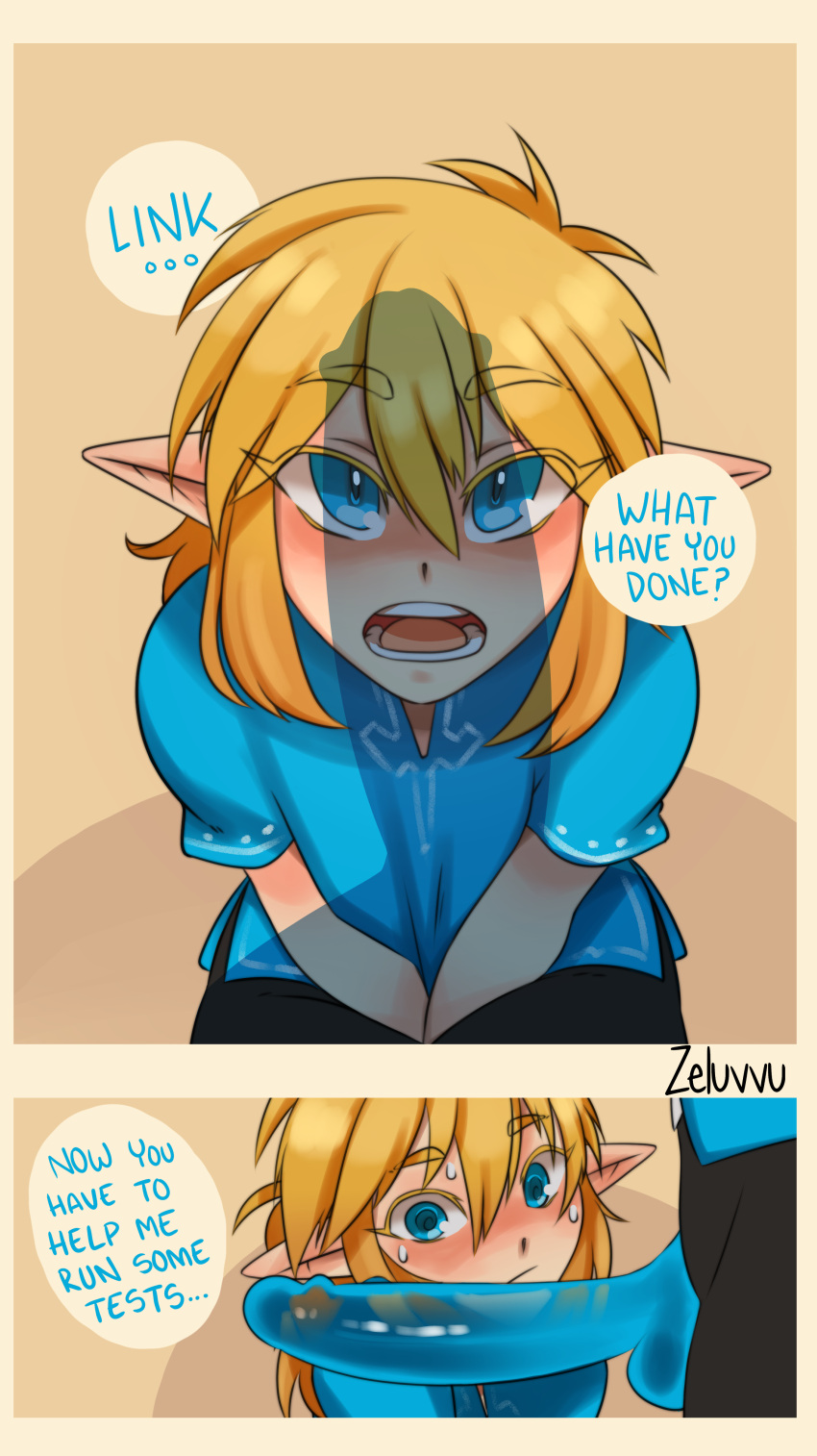 absurd_res balls blonde_hair blue_clothing blue_eyes blush cc-by-nc-nd clothed clothing comic creative_commons duo english_text erection eyebrow_through_hair eyebrows genitals hair hi_res humanoid humanoid_genitalia humanoid_penis humanoid_pointy_ears hylian link male nintendo not_furry open_mouth penis penis_shadow rauru's_arm speech_bubble tears_of_the_kingdom text the_legend_of_zelda translucent translucent_hair zeluvvu