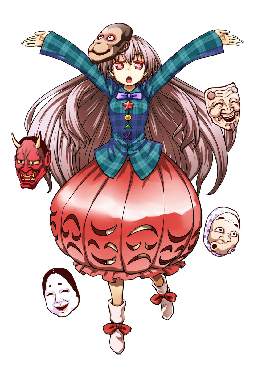 arms_up blue_bow blue_neckwear boots bow bowtie bubble_skirt buttons chestnut_mouth commentary_request expressionless face_mask full_body hata_no_kokoro highres hyottoko_mask itou_yuuji long_hair long_sleeves looking_at_viewer mask mask_on_head monkey_mask oni_mask open_mouth pink_hair pink_skirt plaid plaid_shirt red_eyes shirt skirt solo star teeth touhou white_footwear
