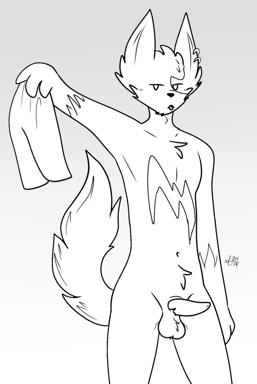 2024 adam's_apple anthro balls black_nose bottomwear clothing digital_drawing_(artwork) digital_media_(artwork) ear_piercing erection fan_character fur generation_3_pokemon genitals hi_res jspwnco kiwi_(gingax) male mammal monochrome navel nintendo nude pecs penis piercing pokemon pokemon_(species) shorts signature simple_background solo tail tongue tongue_out zangoose