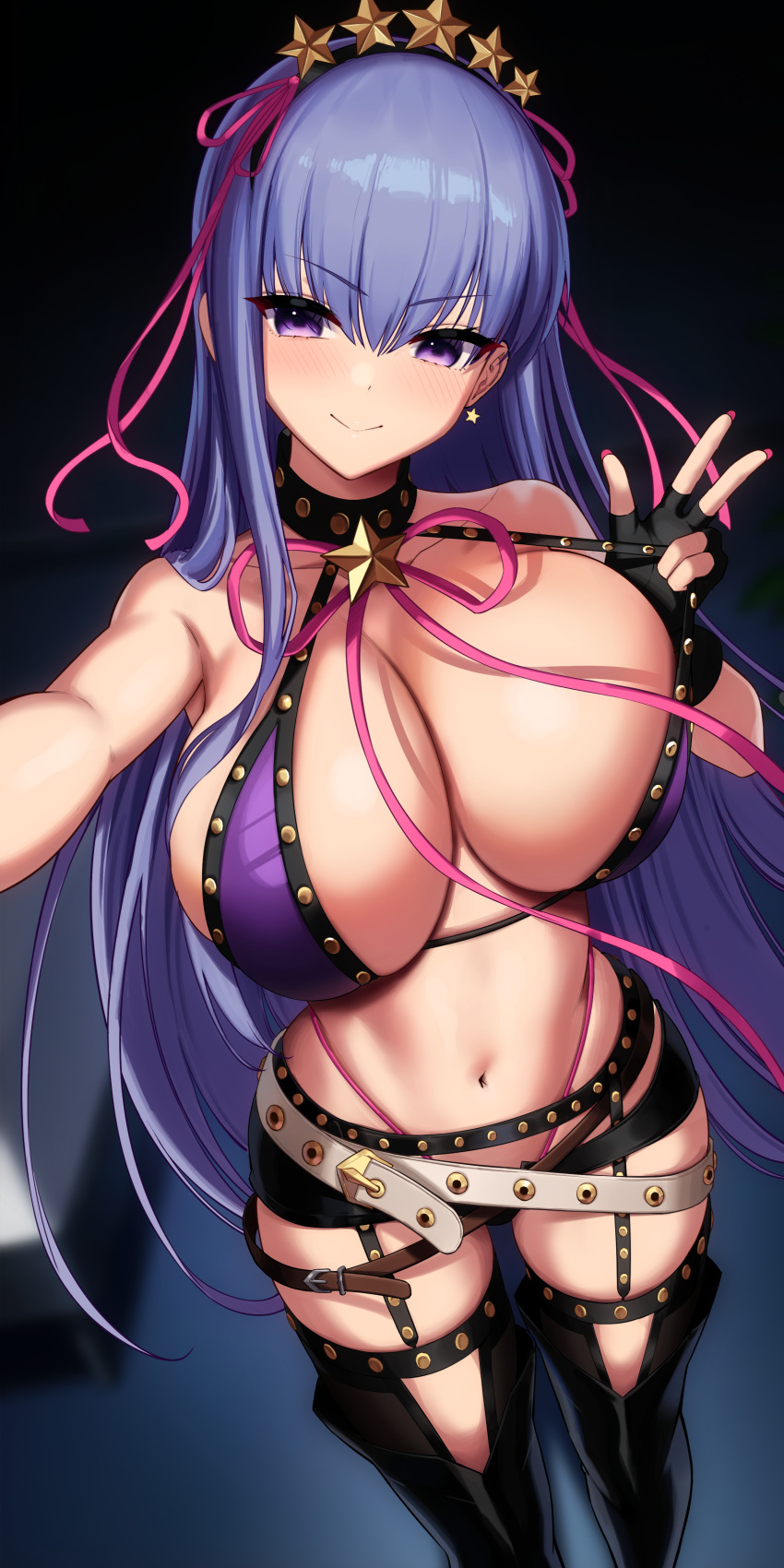 1girl absurdres bare_shoulders bb_(fate) bb_(swimsuit_mooncancer)_(fate) bb_(swimsuit_mooncancer)_(second_ascension)_(fate) belt bikini black_gloves black_hairband black_shorts black_thighhighs blush breasts closed_mouth commentary earrings english_commentary fate/grand_order fate_(series) fingerless_gloves gloves gyaru hair_ornament hairband highleg highleg_bikini highres jewelry kook large_breasts long_hair looking_at_viewer micro_shorts navel pink_bikini purple_bikini purple_eyes purple_hair shorts smile solo star_(symbol) star_earrings stomach strap_pull swimsuit thighhighs thighs white_belt