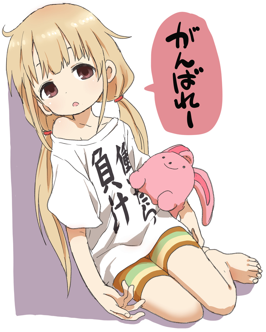 absurdres blonde_hair brown_eyes clothes_writing full_body futaba_anzu highres idolmaster idolmaster_cinderella_girls leaning long_hair looking_at_viewer low_twintails solo stuffed_animal stuffed_bunny stuffed_toy translated twintails yamamoto_souichirou you_work_you_lose