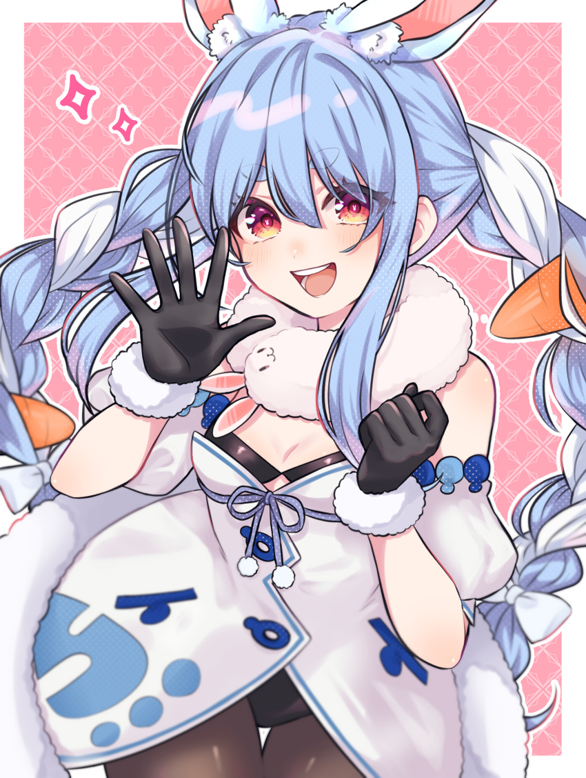 1girl :d absurdres animal_ear_fluff animal_ears black_gloves black_leotard black_pantyhose blue_hair blue_ribbon blush border bow braid breasts carrot_hair_ornament carrot_print cleavage clenched_hand clothing_cutout coat_dress cowboy_shot detached_sleeves don-chan_(usada_pekora) double-parted_bangs dress dress_ribbon extra_ears eyelashes eyes_visible_through_hair food-themed_hair_ornament food_print fur-trimmed_dress fur-trimmed_gloves fur_scarf fur_trim gloves hair_bow hair_ornament hands_up highres hololive leaning_forward leotard long_hair looking_at_viewer multicolored_hair nibochoro open_mouth orange_eyes outstretched_hand pantyhose pink_background playboy_bunny polka_dot polka_dot_ribbon print_dress puffy_short_sleeves puffy_sleeves rabbit-shaped_pupils rabbit_ears rabbit_girl ribbon scarf short_eyebrows short_sleeves sidelocks small_breasts smile sparkle strapless strapless_dress strapless_leotard symbol-shaped_pupils teeth thick_eyebrows thigh_gap thighs tile_background twin_braids two-tone_hair underboob_cutout underbust usada_pekora usada_pekora_(1st_costume) virtual_youtuber waving white_border white_bow white_dress white_hair white_scarf white_sleeves
