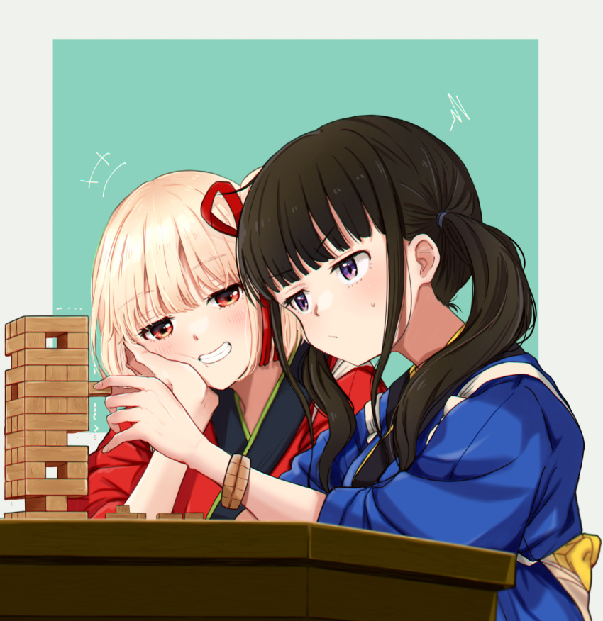 2girls black_hair blonde_hair blue_background blue_kimono blunt_bangs blush bracelet clenched_teeth closed_mouth commentary_request futaba_(rei-futaba) grin hair_ribbon head_rest highres inoue_takina japanese_clothes jenga jewelry kimono long_hair looking_at_another lycoris_recoil multiple_girls nishikigi_chisato official_alternate_costume one_side_up purple_eyes red_eyes red_kimono red_ribbon ribbon short_hair sidelocks smile sweatdrop teeth twintails