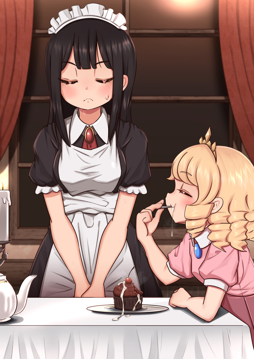 2girls apron black_dress black_hair blonde_hair blush candle closed_eyes closed_mouth cum cum_on_food cum_string cupcake dress drill_hair eating food highres indoors lemon_snail long_hair maid maid_headdress multiple_girls original pink_dress plate short_sleeves table white_apron window