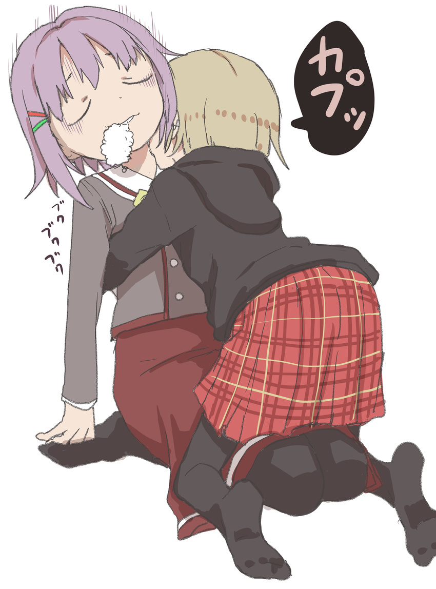 absurdres biting black_legwear brown_hair closed_eyes foaming_at_the_mouth highres hood hoodie hug idolmaster idolmaster_cinderella_girls koshimizu_sachiko multiple_girls neck_biting purple_hair school_uniform serafuku shirasaka_koume skirt thighhighs translated yamamoto_souichirou