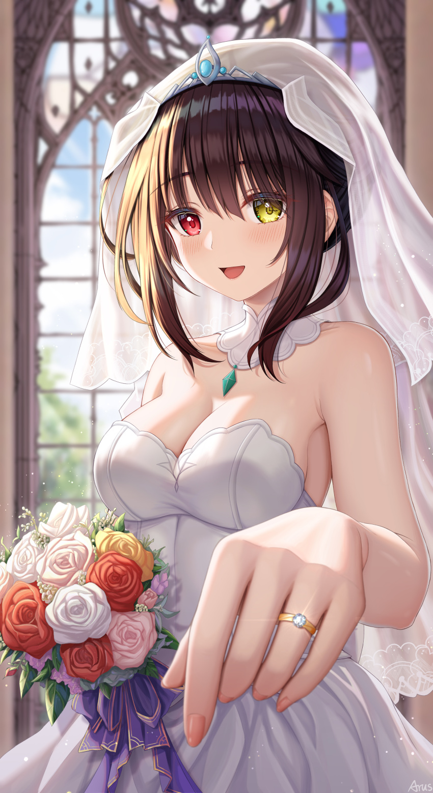 1girl :d absurdres arus bare_shoulders black_hair bouquet breasts bridal_veil bride cleavage clock_eyes commentary_request date_a_live dress english_commentary flower happy heterochromia highres holding holding_bouquet jewelry looking_at_viewer medium_breasts mixed-language_commentary open_mouth ornate_ring red_eyes revision ring smile solo symbol-shaped_pupils tokisaki_kurumi veil wedding wedding_dress wedding_ring white_dress window yellow_eyes