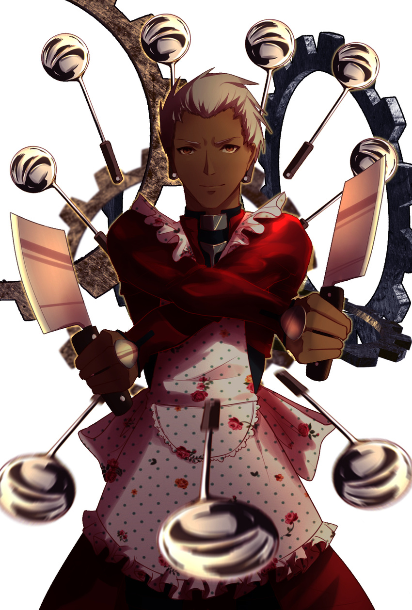 apron archer cutlery dark_skin dark_skinned_male dual_wielding fate/stay_night fate_(series) floral_print foreshortening gears highres holding kitchen_knife knife male_focus meme parody rose_print solo spoon unlimited_blade_works white_background white_hair wu_wen