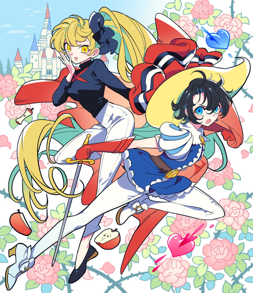 2girls :d apple apple_slice belt black_hair black_shirt blonde_hair blue_eyes blue_shirt breasts castle character_request dynamic_pose elbow_gloves flower food fruit full_body gloves hand_up hat heart high_heels highres holding holding_sword holding_weapon long_hair looking_at_viewer medium_breasts meremero multiple_girls open_mouth pants pantyhose pink_flower pink_rose ponytail princess_sapphire puff_and_slash_sleeves puffy_short_sleeves puffy_sleeves red_apple red_gloves ribbon_no_kishi rose shirt shoes short_hair short_sleeves smile standing standing_on_one_leg sword thorns very_long_hair weapon white_footwear white_pants white_pantyhose yellow_eyes