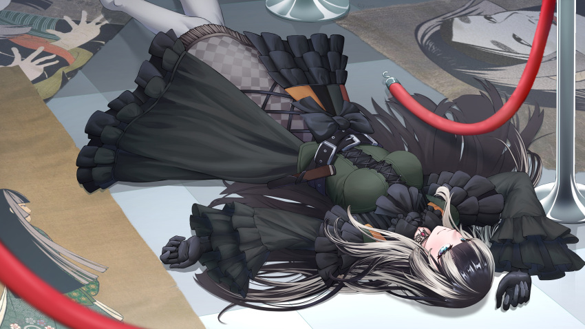 1girl absurdres belt black_belt black_gloves black_hair blue_eyes breasts choker commentary dress ej_com_dd gloves green_dress grey_hair highres hololive hololive_dev_is juufuutei_raden lace lace_choker long_hair lying medium_breasts multicolored_hair on_back pantyhose smile stanchion two-tone_hair virtual_youtuber white_pantyhose