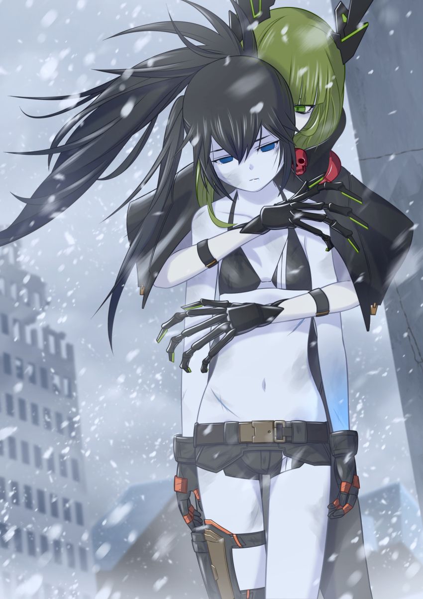 2girls 32zzz black_bra black_capelet black_gloves black_hair black_horns black_rock_shooter black_rock_shooter:_dawn_fall black_rock_shooter_(character) black_shorts blue_eyes bra breasts bruise bruise_on_arm bruise_on_face bruise_on_leg bruise_on_shoulder bruised_chest capelet claws dead_master gloves green_eyes green_hair highres horns injury long_hair mechanical_hands multiple_girls navel ruins short_shorts shorts skull_ornament small_breasts snowing twintails underwear uneven_twintails yuri