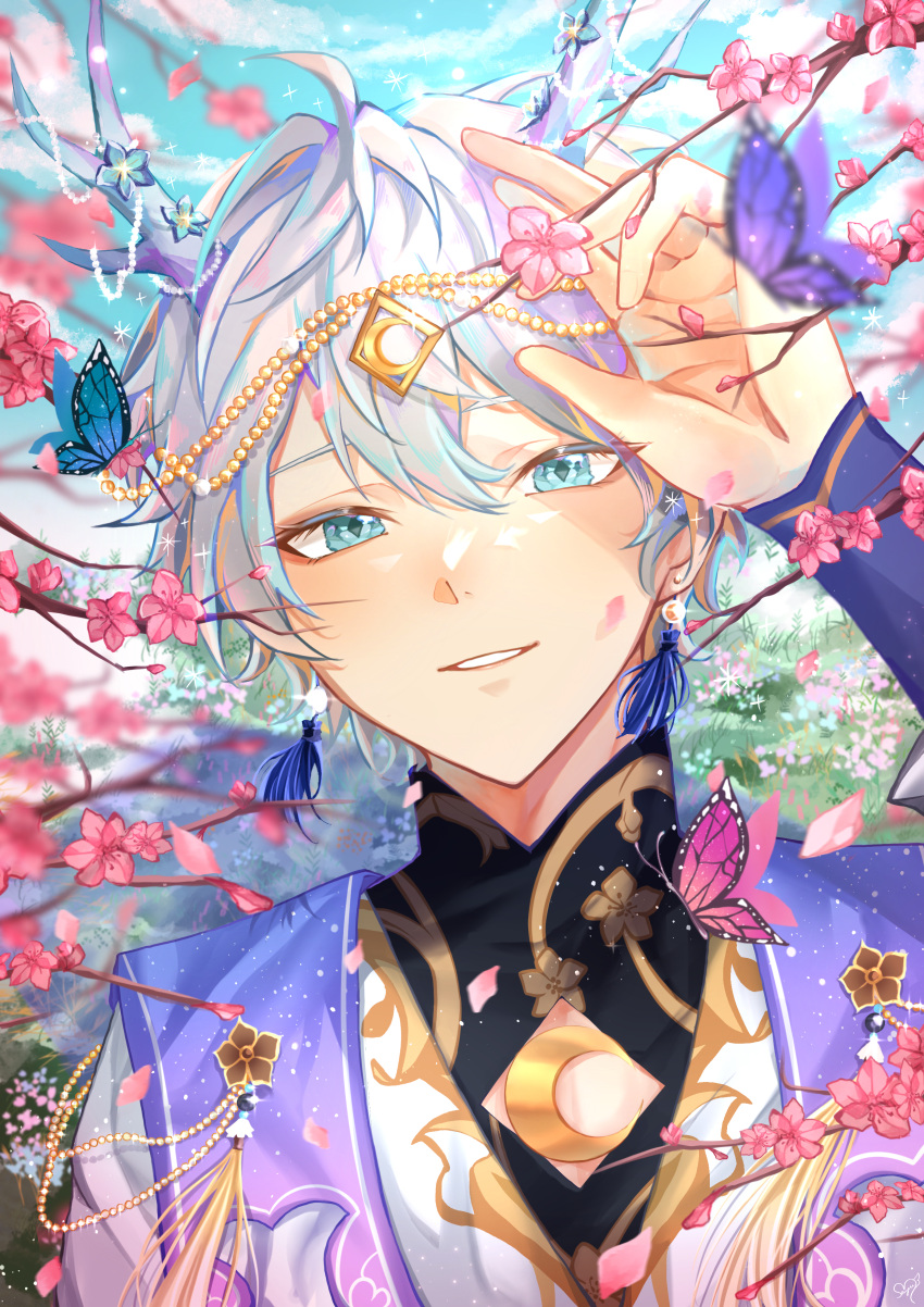 1boy absurdres ahoge antlers bishounen blue_eyes blue_sky bug butterfly cherry_blossoms earrings ensemble_stars! falling_petals field flower flower_field grey_hair hair_between_eyes hand_up highres horns jewelry light_particles looking_at_viewer male_focus parted_lips petals portrait sena_izumi_(ensemble_stars!) short_hair sky smile solo sparkle user_mayx3335