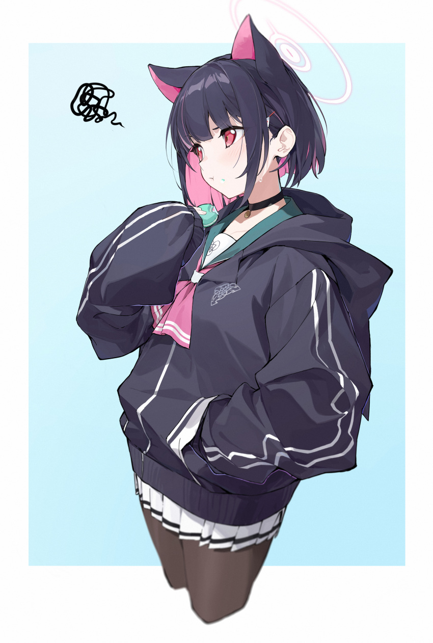 1girl absurdres animal_ears black_choker black_hair black_hoodie blue_archive choker cropped_legs eating extra_ears food food_on_face hand_in_pocket highres holding holding_food hood hoodie kazusa_(blue_archive) lihua_zouxian_zhiyin macaron miniskirt pantyhose pleated_skirt red_eyes simple_background skirt solo squiggle