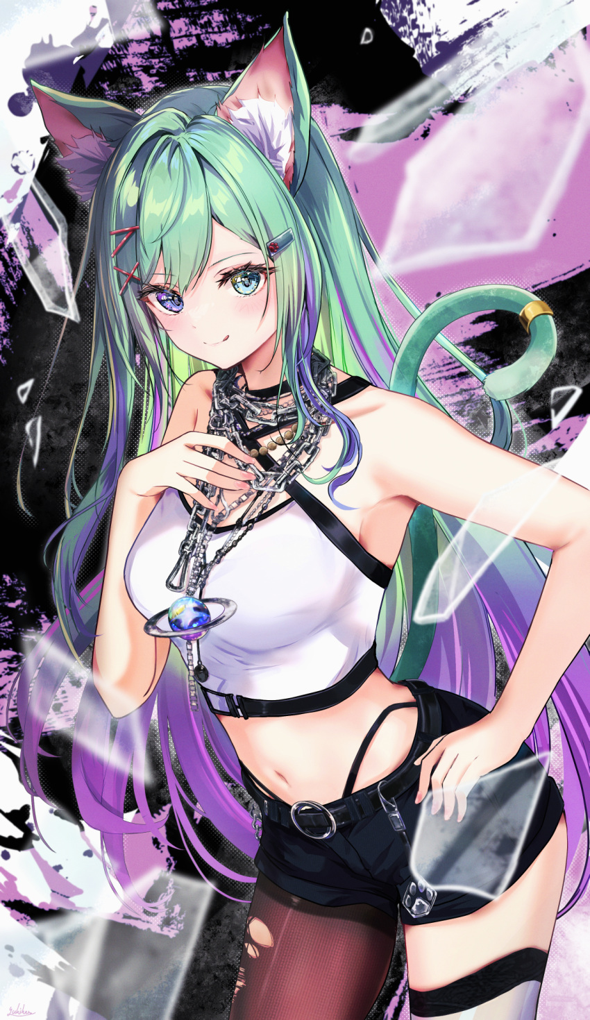 1girl animal_ear_fluff animal_ears black_shorts blue_eyes blush cat_ears cat_tail chain_necklace commentary_request crop_top globie gradient_hair green_hair hand_on_own_chest heterochromia highres jewelry long_hair multicolored_hair necklace pantyhose purple_hair reina_ronronea shirt shorts smile solo streaked_hair tail torn_clothes torn_pantyhose very_long_hair virtual_youtuber white_shirt yuki_haru