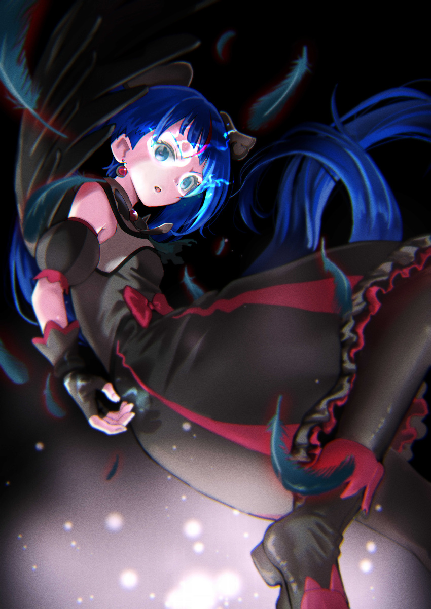 1girl :o absurdres atu_(fuji_atu66) black_dress black_footwear black_thighhighs black_wings blue_eyes blue_hair boots brooch commentary cure_sky cut_bangs dark_persona detached_sleeves dress earrings feathered_wings fingerless_gloves floating frilled_dress frills from_side gloves glowing glowing_eye grey_gloves highres hirogaru_sky!_precure jewelry long_hair magical_girl medium_dress multicolored_hair open_mouth pink_hair precure puffy_detached_sleeves puffy_sleeves single_sidelock single_wing sleeveless sleeveless_dress solo streaked_hair thighhighs twintails very_long_hair wing_brooch wing_hair_ornament wings