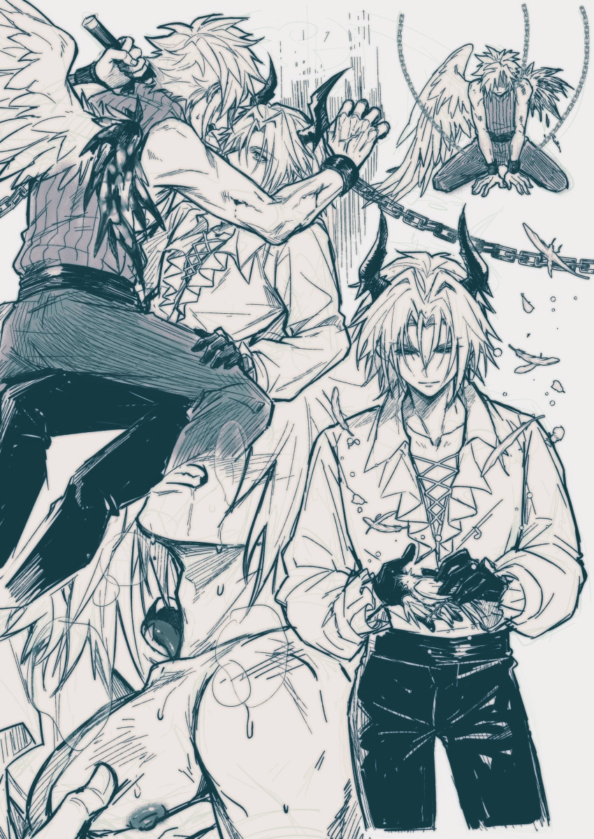 2boys absurdres black_gloves black_pants chain chained clenched_teeth cloud_strife cropped_legs demon_horns final_fantasy final_fantasy_vii final_fantasy_vii_ever_crisis frilled_shirt_collar frills frogccc333 gloves greyscale highres horns licking licking_another's_neck long_sleeves male_focus monochrome multiple_boys official_alternate_costume pants parted_bangs puffy_long_sleeves puffy_sleeves restrained sephiroth sephiroth_(dark_harbinger) sharp_teeth shirt short_hair single_wing sleeveless sleeveless_turtleneck spiked_hair sweat teeth turtleneck white_shirt wings