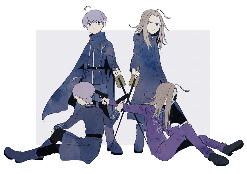 4boys ahoge back-to-back blonde_hair blue_cape blue_coat blue_footwear blue_jacket blue_necktie blue_shorts boots cape closed_mouth coat collared_shirt covered_face crossed_swords facing_away frown full_body gun gun_to_head hand_on_own_knee highres holding holding_gun holding_sword holding_weapon jacket long_hair long_sleeves looking_at_viewer macha_(macha3635toa) makoto_kagutsuchi male_focus mask master_detective_archives:_rain_code multiple_boys necktie pants pointing_weapon purple_eyes purple_hair purple_jacket purple_pants shirt short_hair shorts simple_background sitting spoilers standing sword weapon white_background white_shirt yuma_kokohead
