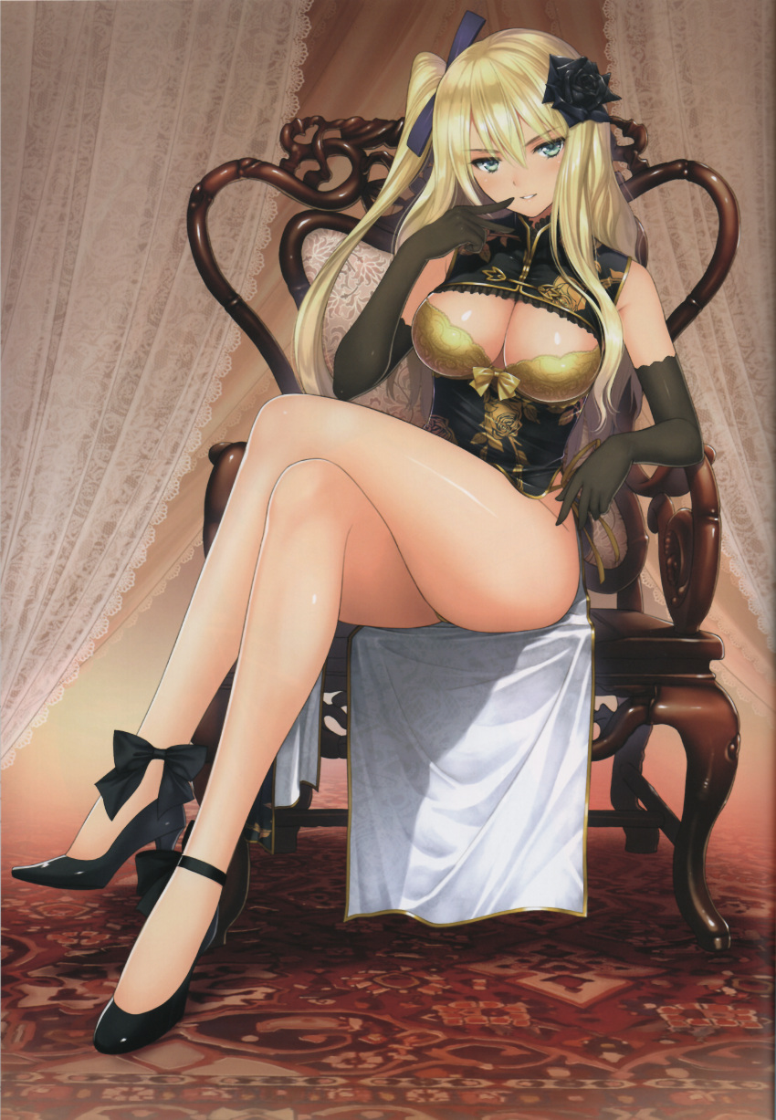 1girl absurdres bare_shoulders black_footwear black_gloves blonde_hair blue_eyes blush bow breasts chair china_dress chinese_clothes cleavage_cutout clothing_cutout crossed_legs curtains dress elbow_gloves floral_print flower frills full_body gloves hair_ornament hand_up high_heels highres jin-lian long_hair looking_at_viewer medium_breasts one_side_up original panties pantyshot parted_lips scan simple_background sitting sleeveless sleeveless_dress smile solo thighs tony_taka underwear