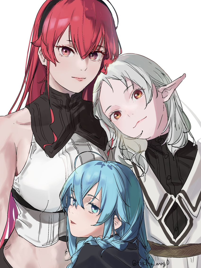 3girls absurdres ahoge black_hairband black_robe blue_eyes blue_hair closed_mouth demon_girl dress elf eris_greyrat grey_hair hairband highres long_hair looking_at_viewer midriff multiple_girls mushoku_tensei navel pointy_ears red_eyes red_hair robe roxy_migurdia shirt simple_background sleeveless sleeveless_shirt sylphiette_(mushoku_tensei) tokita_(mag0) white_background white_dress white_shirt