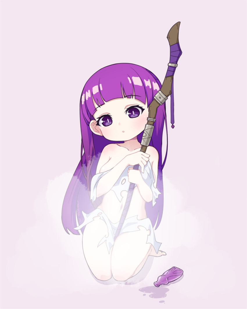 1girl barefoot chibi dissolving_clothes feet fern_(sousou_no_frieren) highres holding holding_staff l.eleven long_hair looking_at_viewer potion purple_background purple_eyes purple_hair seiza simple_background sitting smoke solo sousou_no_frieren staff wooden_staff