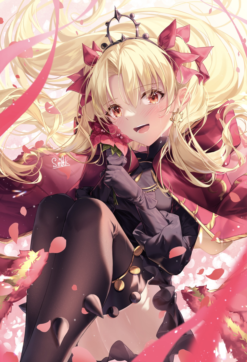 1girl absurdres black_cape black_dress black_gloves black_thighhighs blonde_hair blush breasts cape dark-skinned_female dark_skin dress earrings ereshkigal_(fate) ereshkigal_alter_(fate) fate/grand_order fate_(series) fur-trimmed_cape fur_trim gloves hair_ribbon highres hoop_earrings jewelry long_hair long_sleeves looking_at_viewer medium_breasts nattsu_(nattu888_8) open_mouth parted_bangs red_eyes ribbon smile solo thighhighs thighs tiara two_side_up