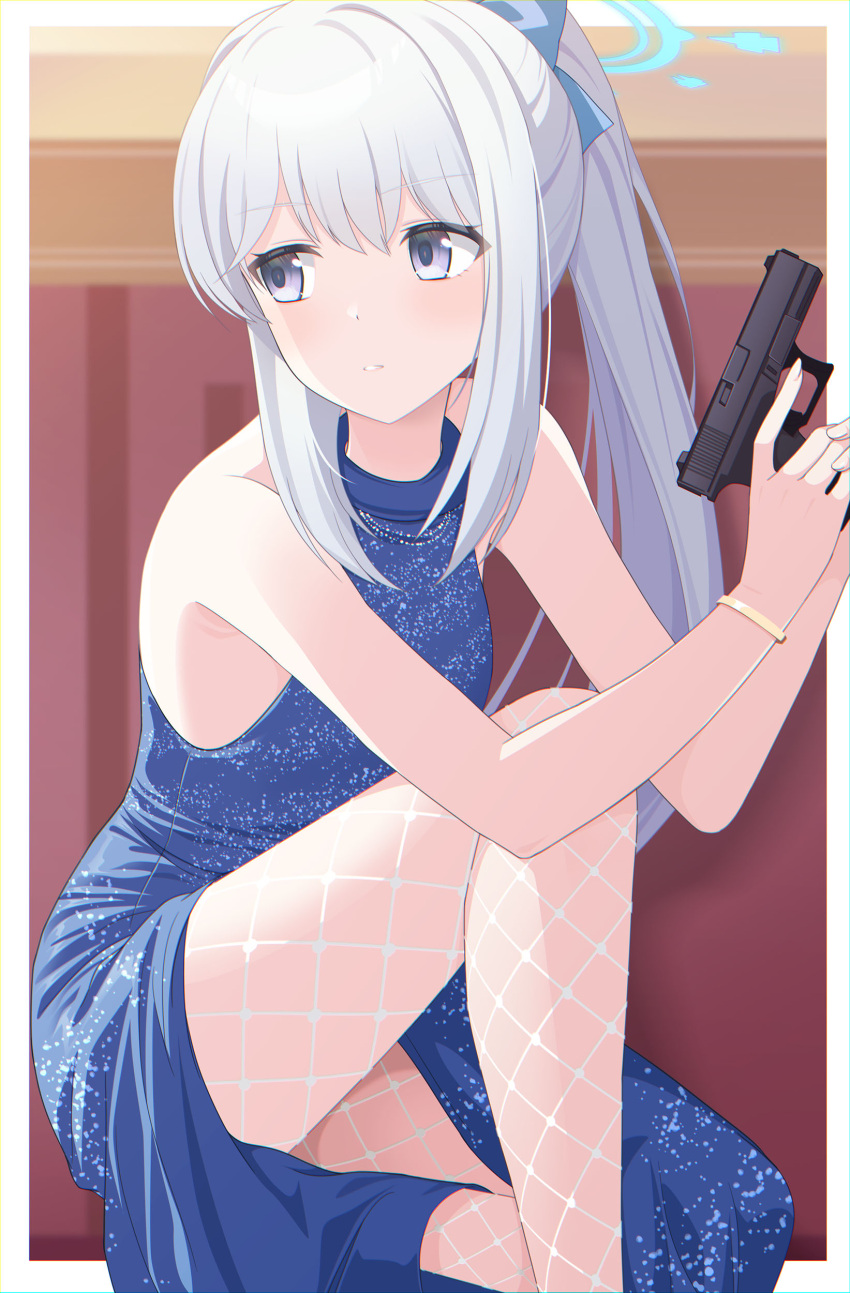 1girl absurdres alternate_costume bare_arms bare_shoulders blue_archive blue_dress blue_halo bracelet chromatic_aberration commentary dress eko feet_out_of_frame fishnet_pantyhose fishnets gun halo highres holding holding_gun holding_weapon jewelry knee_up looking_to_the_side miyako_(blue_archive) pantyhose parted_lips ponytail purple_eyes sleeveless sleeveless_dress solo weapon white_hair