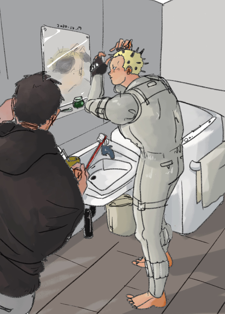 2boys absurdres adjusting_hair aikawa_(dorohedoro) barefoot bathroom black_hair blonde_hair blush colored_tips couple dorohedoro facial_mark highres holding holding_brush hood hood_down jumpsuit male_focus medium_sideburns multicolored_hair multiple_boys nishida_(pixiv_50671594) no_eyebrows pants profile risu_(dorohedoro) sketch spiked_hair standing thick_eyebrows yaoi