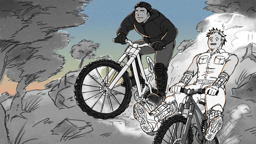 2boys aikawa_(dorohedoro) bicycle cliff colored_tips couple dorohedoro facial_mark gloves highres jacket jade_drop jumpsuit male_focus medium_sideburns midair multicolored_hair multiple_boys no_eyebrows riding riding_bicycle risu_(dorohedoro) smear_frame smile thick_eyebrows thighs toned toned_male yaoi