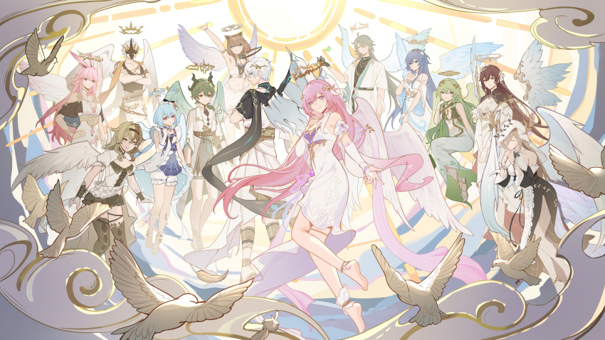 4boys 6+girls absurdres alternate_costume angel animal_ears aponia_(honkai_impact) arm_up back_turned bare_legs bare_shoulders bird black_horns blue_eyes blue_hair breasts brown_hair cat_ears cat_girl chinese_commentary closed_eyes closed_mouth crossed_arms dove dress eden_(honkai_impact) elysia_(herrscher_of_human:ego)_(honkai_impact) elysia_(honkai_impact) english_commentary fu_hua green_hair griseo halo highres honkai_(series) honkai_impact_3rd horns kalpas_(honkai_impact) kevin_kaslana kosma light_blue_hair long_hair manboygxg mask mixed-language_commentary mobius_(honkai_impact) multiple_boys multiple_girls nun open_hand outstretched_arm pardofelis_(honkai_impact) pink_eyes pink_hair purple_eyes rabbit_ears short_hair small_breasts su_(honkai_impact) vill-v white_dress white_hair white_wings wings yae_sakura yellow_eyes