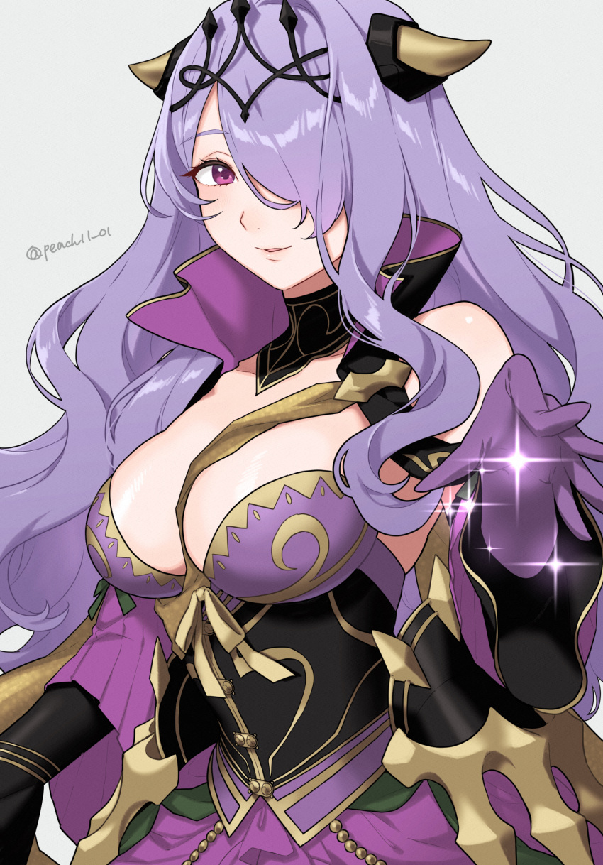 1girl armor bare_shoulders breast_strap breasts camilla_(alluring_darkness)_(fire_emblem) camilla_(fire_emblem) cleavage commentary_request crown dress fake_horns fire_emblem fire_emblem_fates fire_emblem_heroes frilled_dress frills gloves grey_background hair_over_one_eye highres horned_headwear horns large_breasts long_hair looking_at_viewer official_alternate_costume parted_lips peach11_01 purple_dress purple_eyes purple_gloves purple_hair simple_background smile solo tiara upper_body very_long_hair wavy_hair