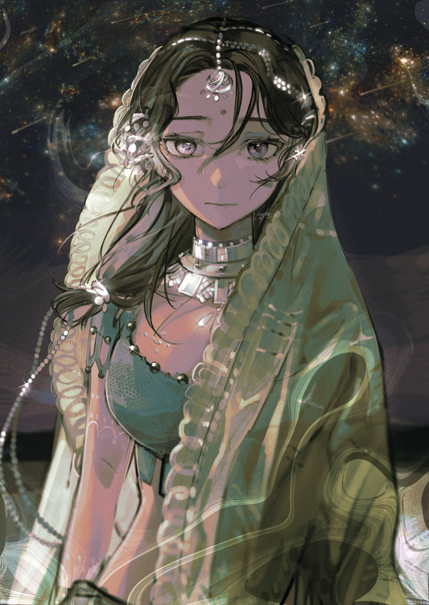 1girl absurdres breasts brown_hair closed_mouth commentary_request cowboy_shot film_grain grey_eyes hair_ornament highres kaalaa_baunaa kajiwara_3 large_breasts long_hair looking_at_viewer midriff partial_commentary reverse:1999 signature sky solo star_(sky) starry_sky veil