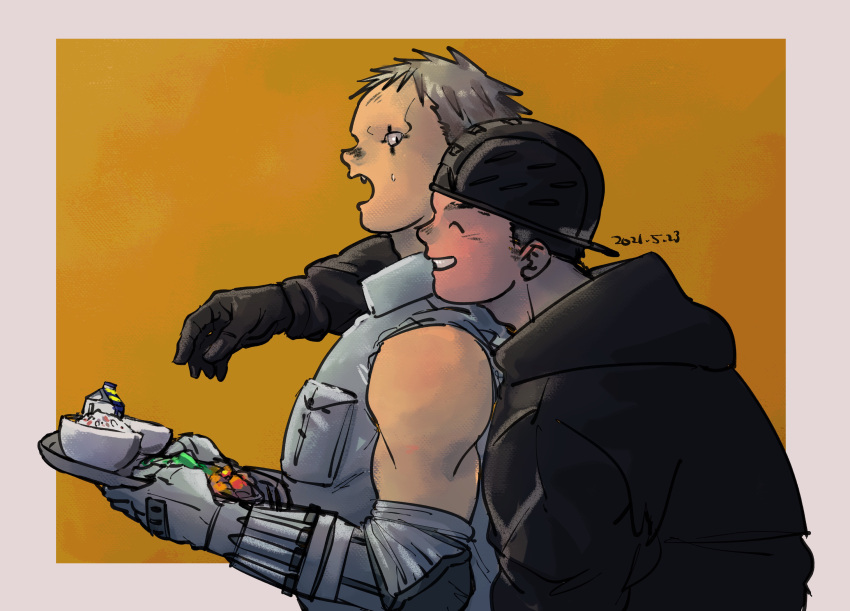 2boys ^_^ aikawa_(dorohedoro) arm_around_shoulder backwards_hat black_hair blonde_hair closed_eyes colored_tips couple dorohedoro facial_mark food_theft happy hat highres holding holding_tray inset_border male_focus medium_sideburns multicolored_hair multiple_boys nishida_(pixiv_50671594) no_eyebrows profile risu_(dorohedoro) sweatdrop thick_eyebrows toned toned_male tray upper_body yaoi