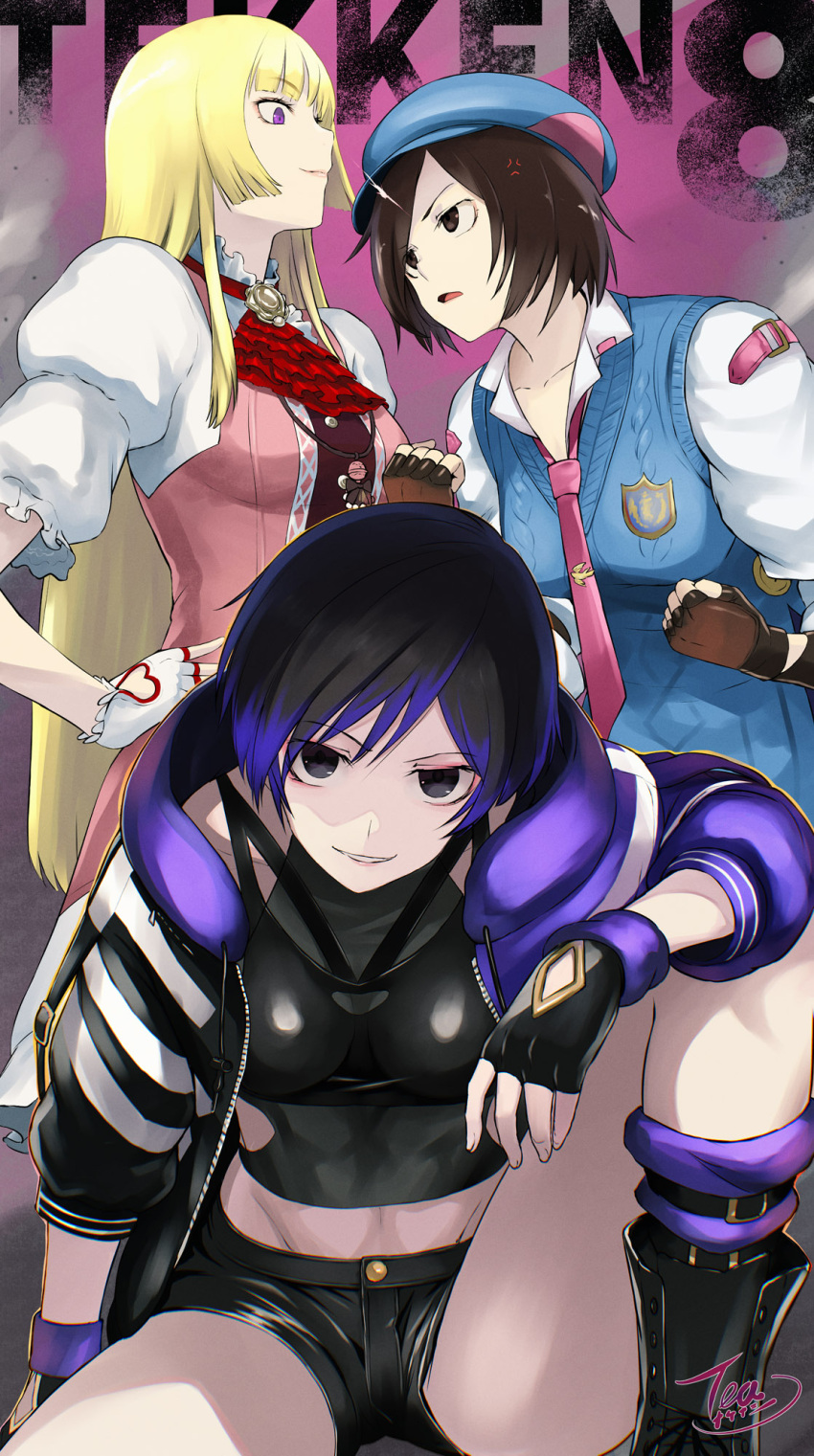 3girls artist_name ascot black_gloves black_hair blonde_hair blue_headwear blunt_bangs breasts brown_gloves brown_hair collarbone copyright_name fingerless_gloves gloves highres jacket kazama_asuka lili_(tekken) long_sleeves looking_at_viewer multicolored_hair multiple_girls necktie open_clothes open_jacket pink_necktie puffy_long_sleeves puffy_sleeves purple_hair red_ascot reina_(tekken) short_shorts shorts tea_(nakenashi) tekken tekken_8 thighs two-tone_hair white_gloves