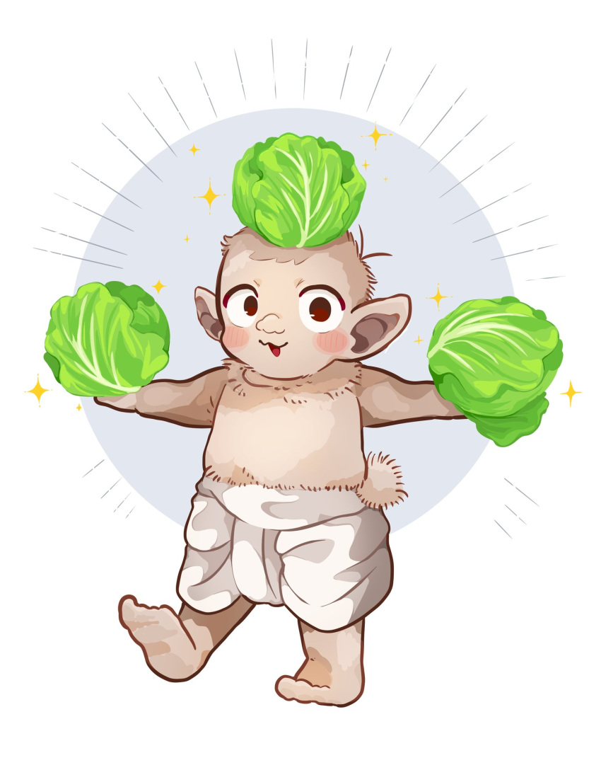 1boy :3 balancing_on_head barefoot bbf2eo9d0rfx9sa blush_stickers body_fur child dungeon_meshi excited food food_on_head full_body highres holding holding_food holding_vegetable loincloth looking_at_viewer male_focus object_on_head open_mouth orc outstretched_arms pointy_ears red_eyes soles solo spread_arms standing standing_on_one_leg tail topless_male vegetable white_background zon'_son_(dungeon_meshi)