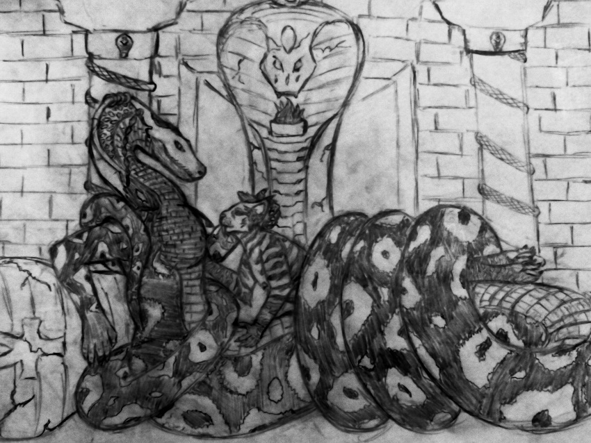 absurd_res anthro cobra cuddling domestic_cat duo felid feline felis frostbite1016 frostbite_the_sabertooth_tiger graphite_(artwork) hi_res male male/male mammal pencil_(artwork) reptile saber-toothed_tiger scalie snake traditional_media_(artwork)