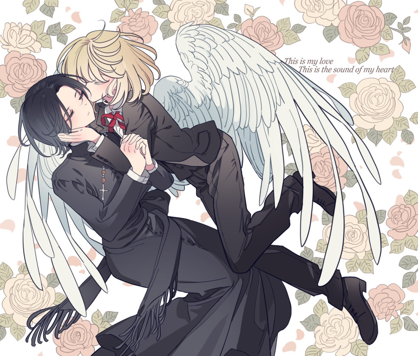 2boys angel_wings black_dress black_footwear black_hair black_jacket black_pants black_suit blonde_hair closed_eyes collared_shirt commentary_request cross dress english_text facing_another feathered_wings feet_out_of_frame floral_background full_body hand_on_another's_cheek hand_on_another's_face highres interlocked_fingers invisible_chair jacket julusmole_bayhan kiss kissing_cheek long_sleeves male_focus meremero multiple_boys neck_ribbon own_hands_together pants praying priest red_ribbon ribbon shirt shoes sitting suit thomas_werner touma_no_shinzou white_shirt white_wings wings yaoi