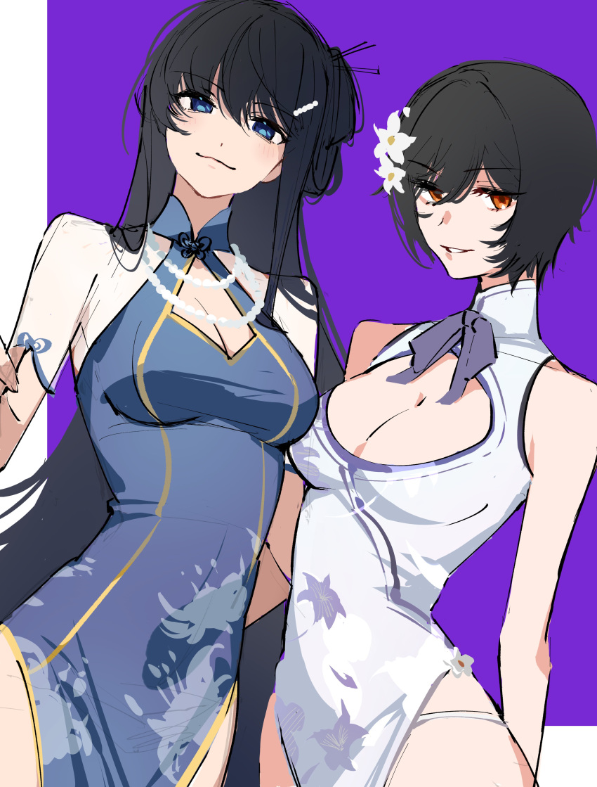 2girls absurdres black_hair blue_dress blue_eyes breasts china_dress chinese_clothes cleavage dress female_professor_(neural_cloud) flower girls'_frontline girls'_frontline_neural_cloud gwendolynstore hair_flower hair_ornament highres long_hair looking_at_viewer medium_breasts multiple_girls official_alternate_costume orange_eyes parted_lips professor_(neural_cloud) purple_background short_hair smile two-tone_background upper_body white_background white_dress xinghuan_(neural_cloud)