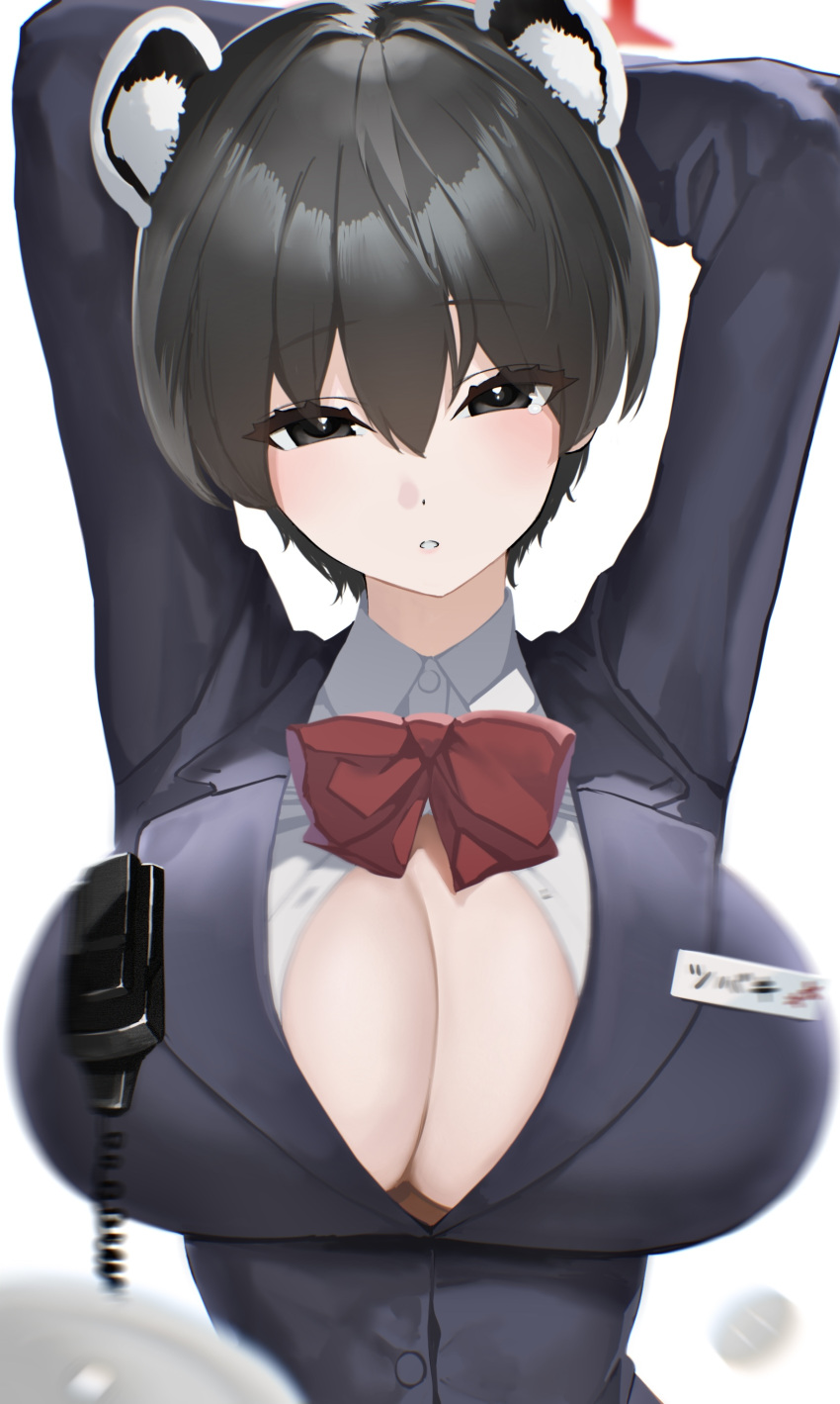1girl absurdres animal_ears arms_up black_eyes black_hair blue_archive blush bow bowtie breasts cleavage collared_shirt commentary_request halo highres huge_breasts kazane-wind large_breasts long_sleeves looking_at_viewer name_tag red_bow red_bowtie red_halo shirt short_hair simple_background solo tsubaki_(blue_archive) walkie-talkie white_background white_shirt