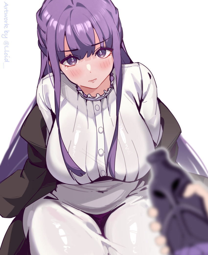 black_coat blunt_bangs blush breasts closed_mouth coat collar commentary dress fern_(sousou_no_frieren) frilled_collar frills highres impossible_clothes impossible_dress large_breasts lloid_(lloidy) long_hair looking_at_viewer purple_eyes purple_hair purple_pupils shiny_clothes sidelocks skin_tight solo solo_focus sousou_no_frieren straight_hair thick_thighs thighs white_dress