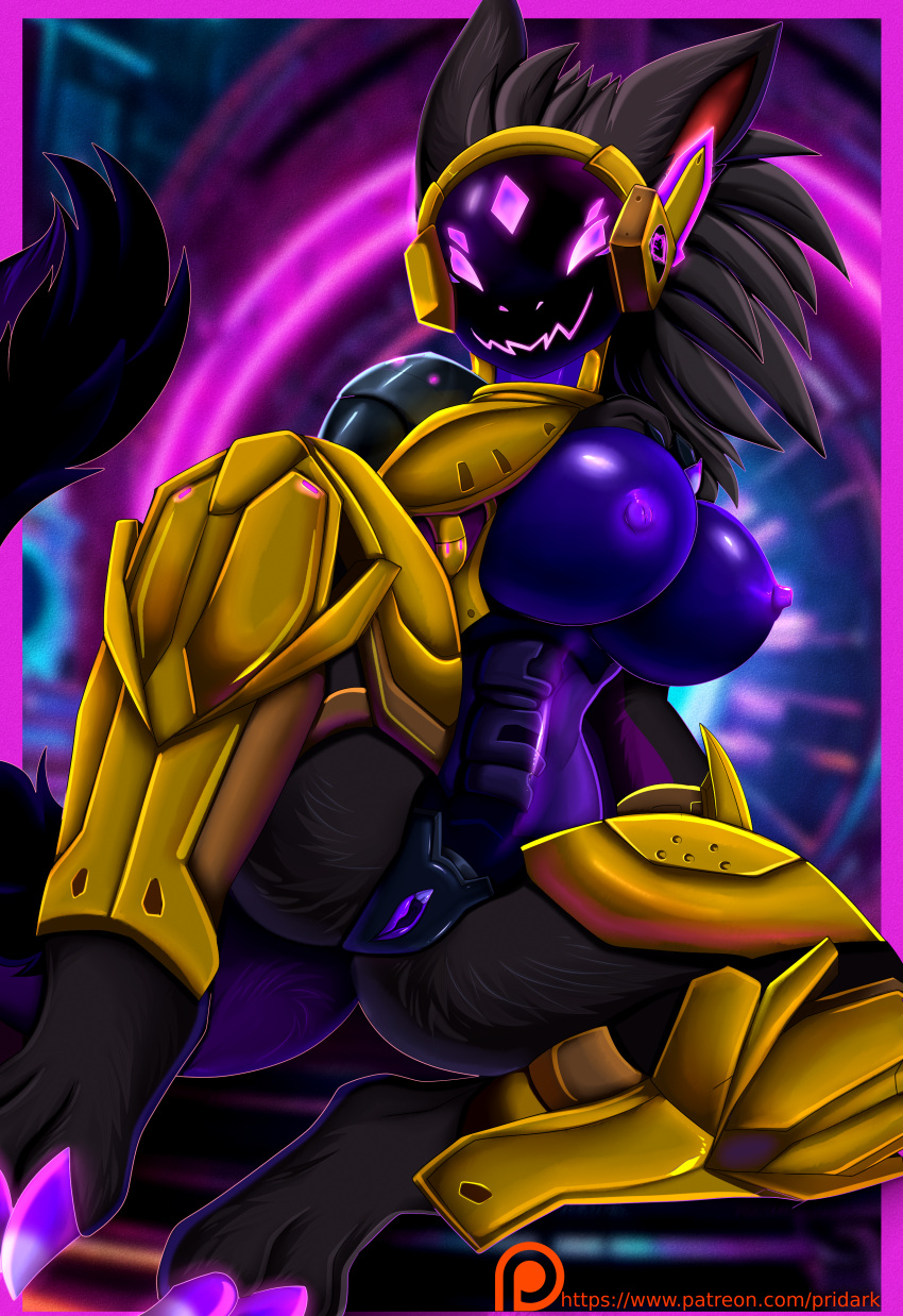 absurd_res anthro armor black_body black_fur breasts claws female fur furry_tail genitals gold_(metal) gold_armor hi_res inviting inviting_to_sex machine malva(roifantome) nipples pridark protogen purple_body purple_claws purple_eyes purple_nipples pussy robot roifantome solo tail teasing toe_claws virus visor