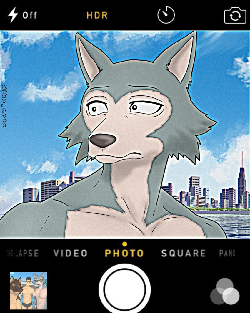 anthro beach beastars camera_overlay canid canine canis city_skyline diko_artz hi_res legoshi_(beastars) male mammal muscular muscular_male pecs sea seaside sky solo water wolf