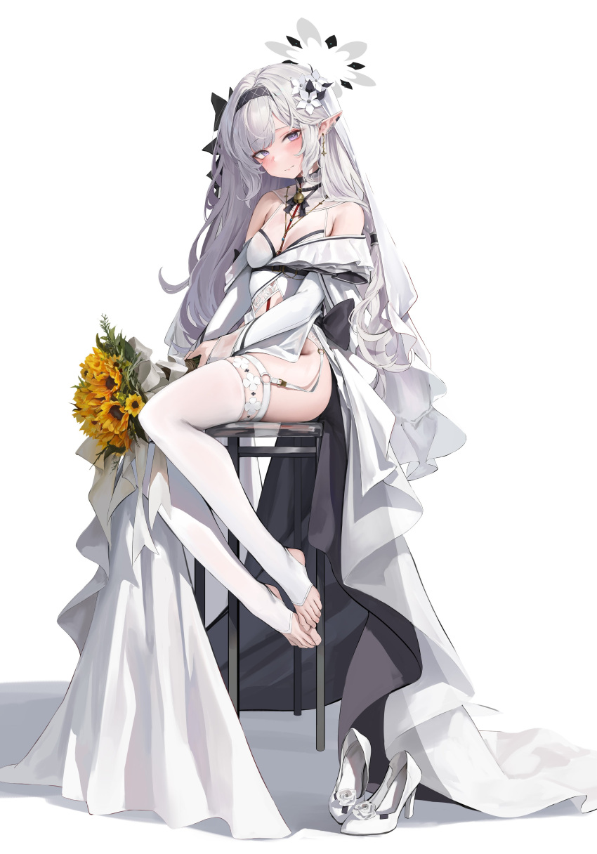 1girl absurdres bare_shoulders black_hairband blue_archive blush bouquet closed_mouth earrings feet flower full_body grey_hair grey_halo hair_ornament hairband halo high_heels highres himari_(blue_archive) holding holding_bouquet jewelry leviathan_(hikinito0902) long_hair looking_at_viewer off_shoulder pointy_ears purple_eyes simple_background sitting smile solo thighhighs thighs toes unworn_footwear white_background white_footwear white_thighhighs