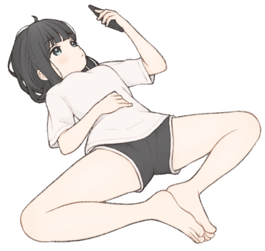 1girl 1ssakawaguchi bare_legs barefoot black_eyes black_hair black_shorts bob_cut closed_mouth feet flexible highres ichika_(1ssakawaguchi) knees_apart_feet_together legs looking_at_phone original phone shirt short_hair short_shorts short_sleeves shorts simple_background soles_together solo split spread_legs thighs toenails toes white_background white_shirt wide_spread_legs