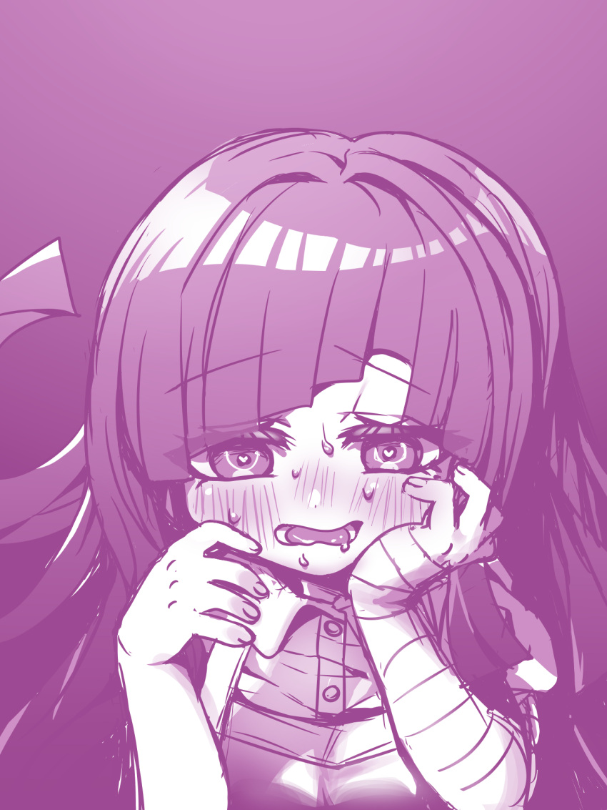 1girl bandaged_arm bandages blush collared_shirt danganronpa_(series) danganronpa_2:_goodbye_despair dress_shirt gradient_background hands_up harumina_mau highres long_hair pink_background pink_shirt puffy_short_sleeves puffy_sleeves purple_hair shirt short_sleeves solo teeth tongue tsumiki_mikan